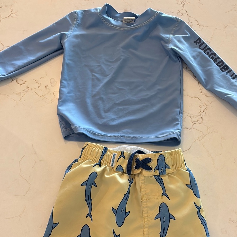 Blue Rash Guard and Yellow Shark Swim Trunks